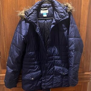 Columbia Dark Blue Quilted Jacket with Faux Fur Trim